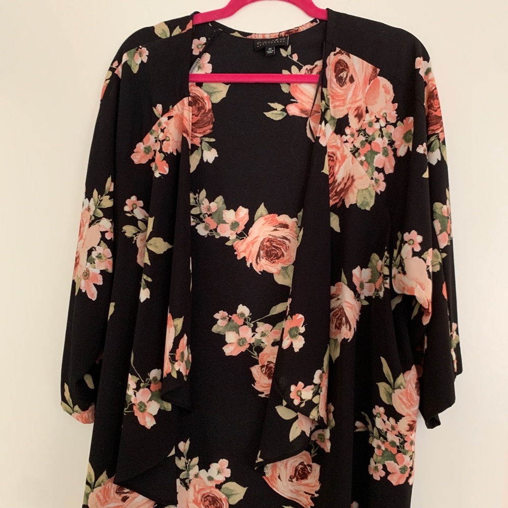 Black floral crepe kimono style cardigan 2X